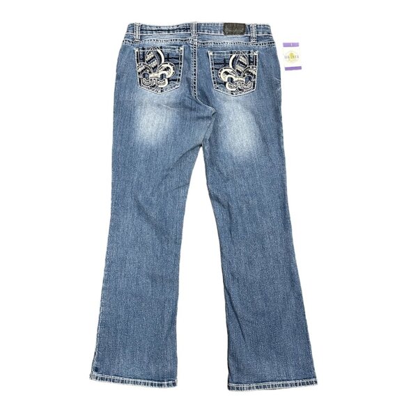 Soundgirl Jeans Juniors 17 Blue Bootcut Studs Bling Thick Stitch Fluer De Lis - Picture 15 of 16